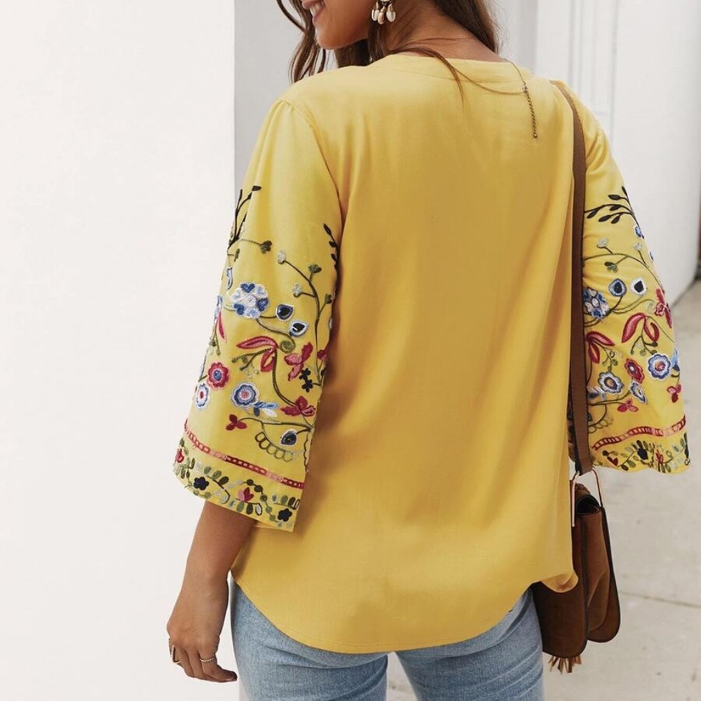 RONNIE Embroidered Sleeve Button down Blouse - Picture 2 of 6